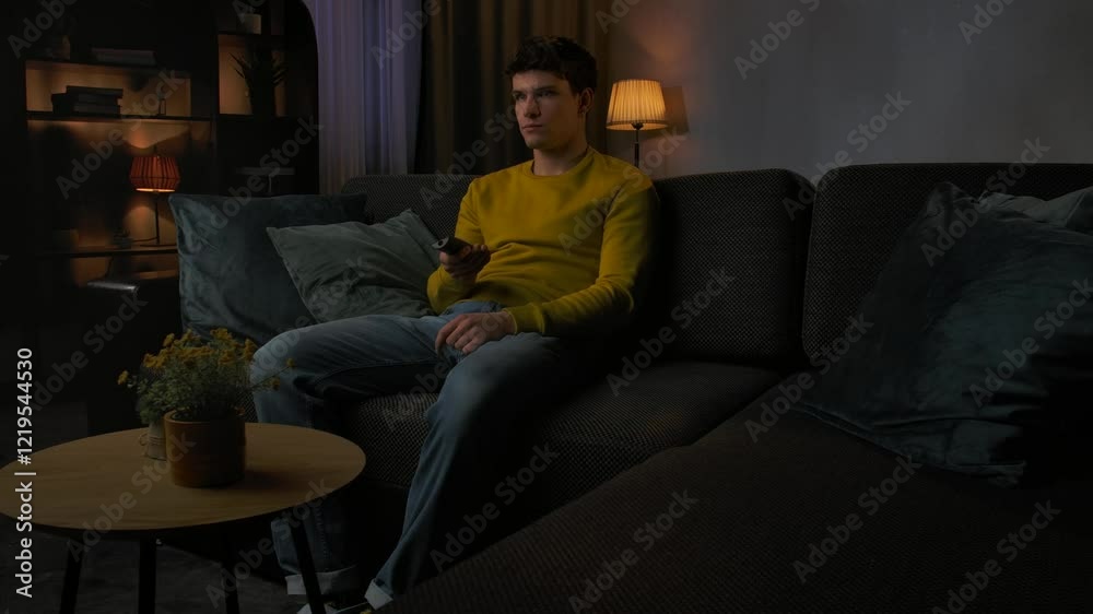 Young man in the evening after work relaxing at home, sitting on the sofa in living room watching tv, takes joystick and plays video game, positive expression. Young man in the evening after work relaxing at home, sitting on the sofa in living room watching tv, takes joystick and plays video game, positive expression.