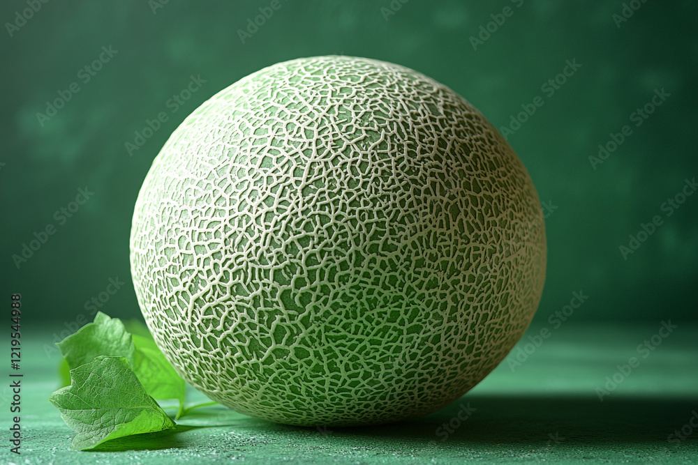 A Single Green Cantaloupe Melon With Leaves A Single Green Cantaloupe Melon With Leaves