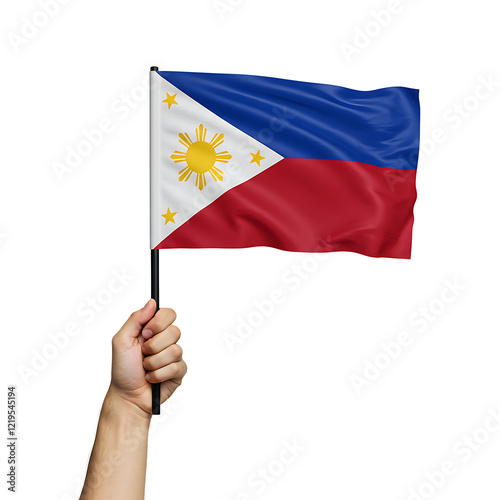 Filipino Flag Waving Hand Holding Flagpole On Transparent Background
