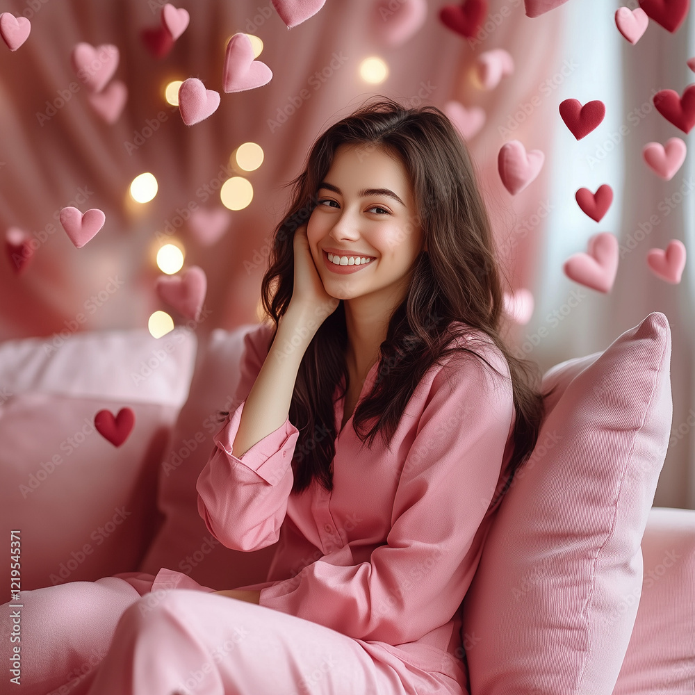 A young woman sits surrounded by floating pink hearts, radiating happiness. The scene exudes warmth, love, and positivity. A young woman sits surrounded by floating pink hearts, radiating happiness. The scene exudes warmth, love, and positivity.
