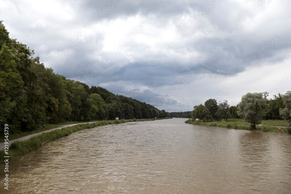 Isar river hike in Munich, Munich Way of St. James, Bavaria, Germany Isar river hike in Munich, Munich Way of St. James, Bavaria, Germany