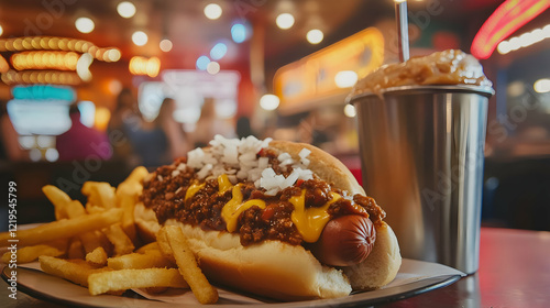 Chili Cheese Hot Dog with Fries and a Drink