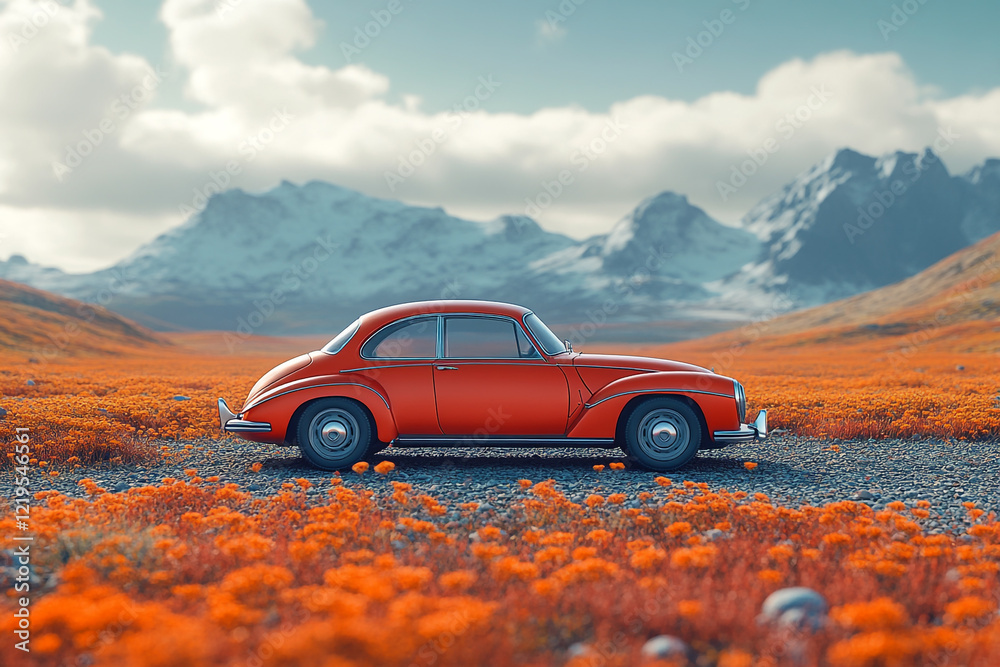 Fototapeta premium Classic Red Car Parked In Orange Flower Field With Mountains