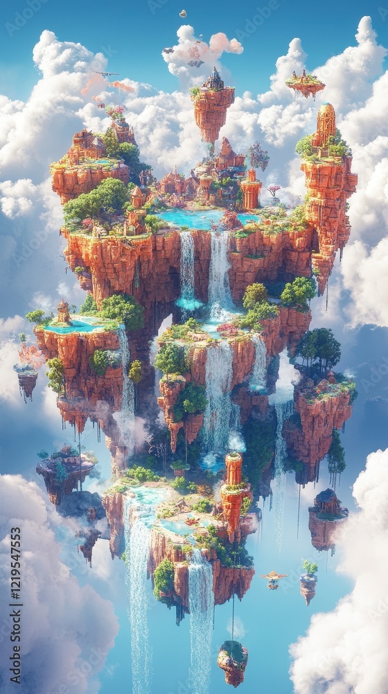 Fototapeta premium A Floating Island City With Cascading Waterfalls