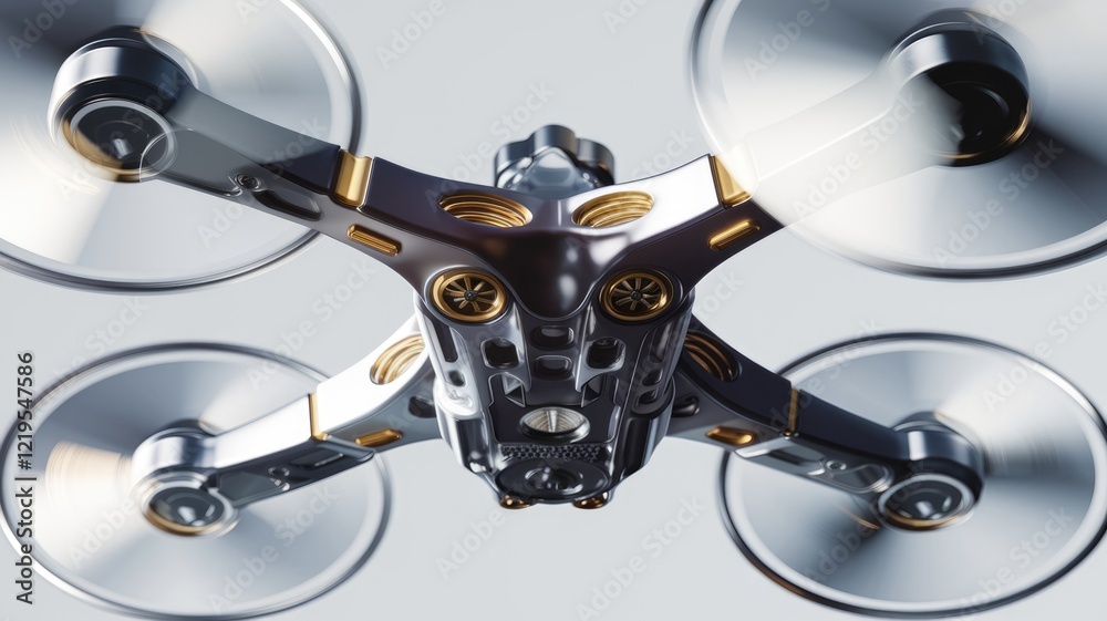 Fototapeta premium Futuristic drone design with spinning propellers, sleek metallic body, and gold accents.