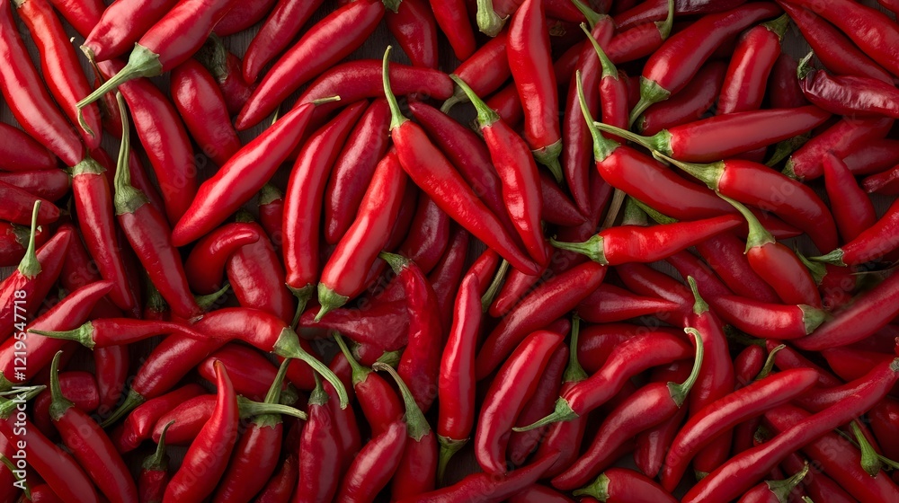 Red chili peppers, overhead shot, market background, food texture Red chili peppers, overhead shot, market background, food texture