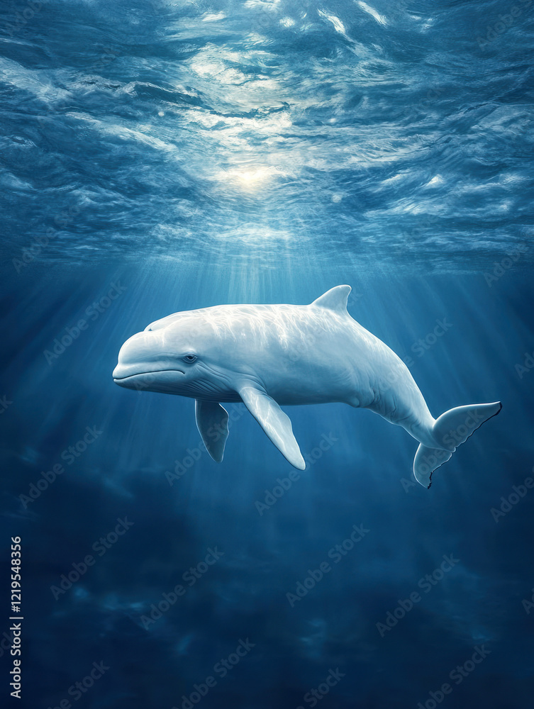 Naklejka premium Beluga whale swimming gracefully underwater with sun rays