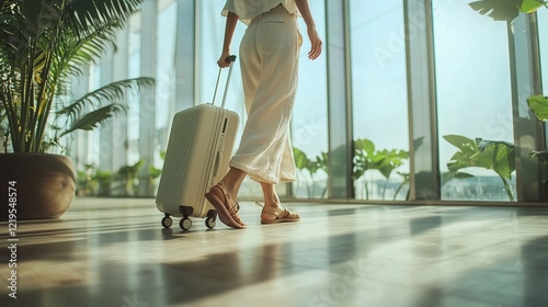 Woman Walking with Luggage in Lobby