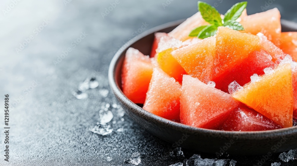 A chilled melon salad is presented in a simple bowl, beautifully garnished with fresh mint leaves, creating a refreshing and vibrant dish that is perfect for summer enjoyment. A chilled melon salad is presented in a simple bowl, beautifully garnished with fresh mint leaves, creating a refreshing and vibrant dish that is perfect for summer enjoyment.