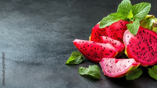 This captivating image displays pink pitaya slices with a bright and inviting appearance, surrounded by fresh mint, making it ideal for health and culinary-related usages. photo