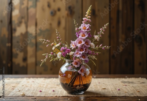 Delicate Pink Flowers in a Rustic Glass Vase: Serene Floral Still Life photo