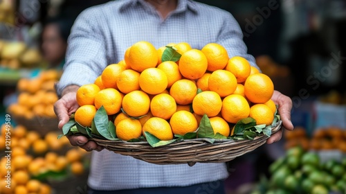 Fresh and Vibrant Oranges Displayed in a Market Basket Surrounded by Lush Green Leaves