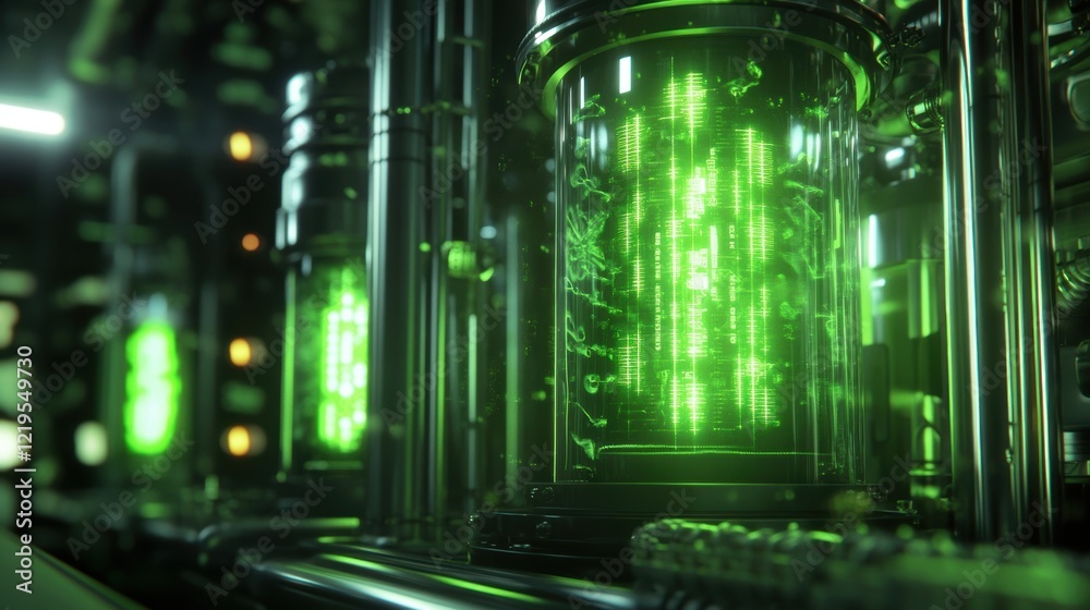 Fototapeta premium The control interface of a bioreactor where bright green LED lights signal ecoconscious energy use combined with digital metrics projecting highly efficient bioprocessing.