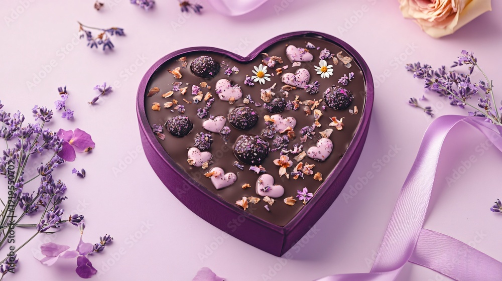 Naklejka premium Heart-shaped vegan truffle box decorated with romantic quotes and satin ribbons, isolated on soft lavender background