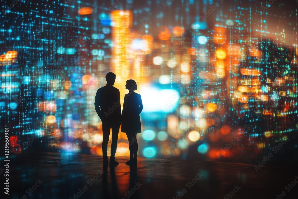 Couple standing together against a vibrant digital cityscape at night Couple standing together against a vibrant digital cityscape at night