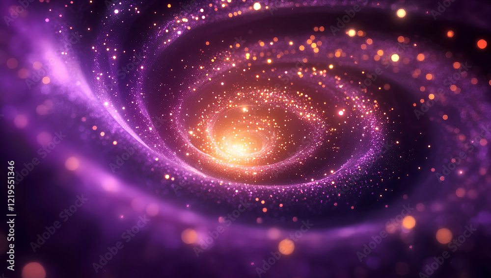 Obraz premium Glowing galaxy spiral effect. Spiral abstract infinity pattern created from golden and purple shiny particles. Dynamic cosmic time travel vortex motion graphics. Spiraling hypnotic astrology 