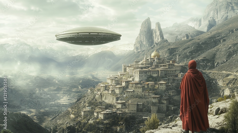 Naklejka premium Futuristic City with Alien Spaceship