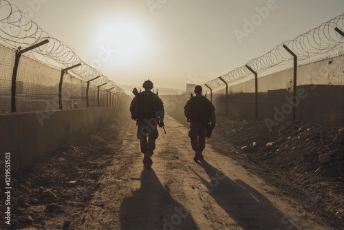 Soldiers patrol a dusty road in a military compound at sunset in a conflict zone photo