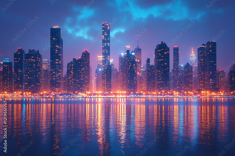 Fototapeta premium Night City Skyline Reflected In Calm Water