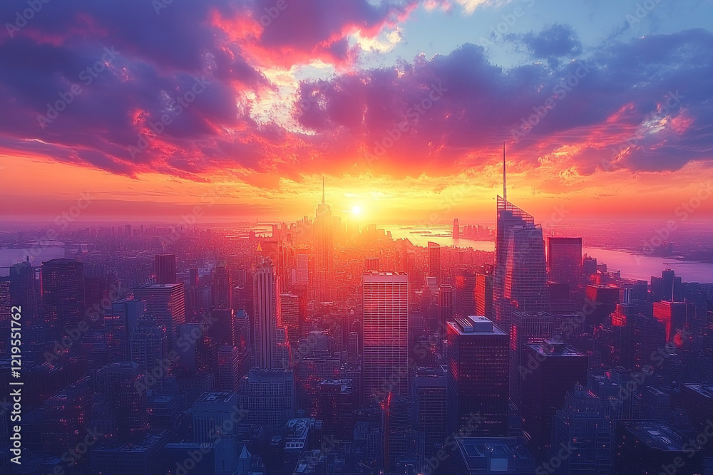Fototapeta premium Vibrant Sunset Over City Skyline Buildings Illuminated
