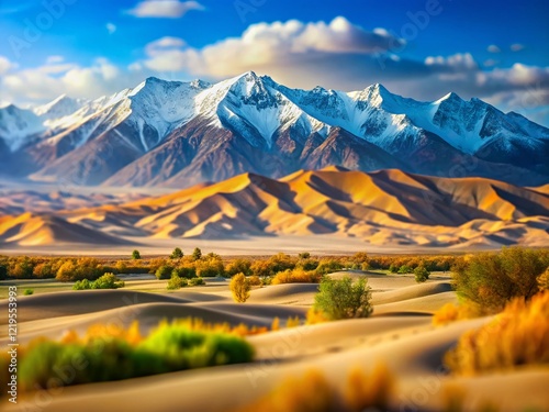 Taklamakan Desert, Niya: Miniature Kunlun Mountains & Snow-Dusted Dunes - Tilt-Shift Photography photo