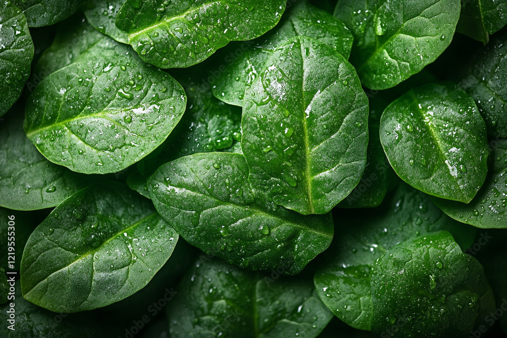 Fototapeta premium Lush Green Spinach Leaves Covered In Dew Drops