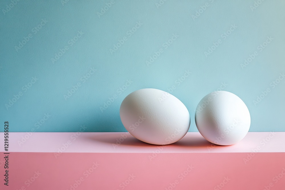 Two white eggs rest on a pink surface against a blue background, symbolizing Easter's celebration and renewal. Two white eggs rest on a pink surface against a blue background, symbolizing Easter's celebration and renewal.