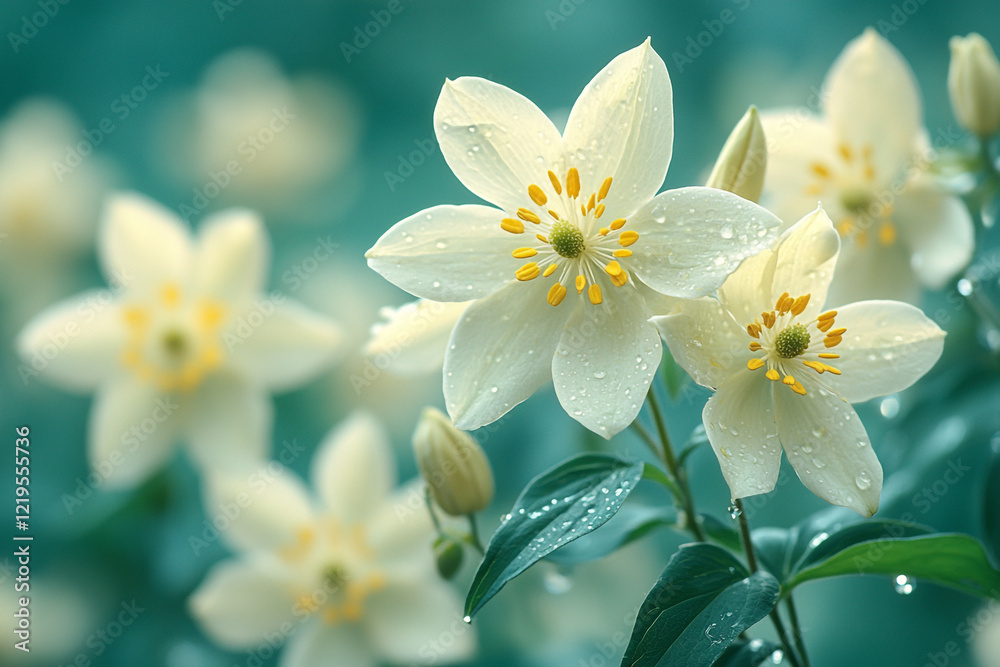 Delicate White Flowers with Dew Drops in Nature Delicate White Flowers with Dew Drops in Nature