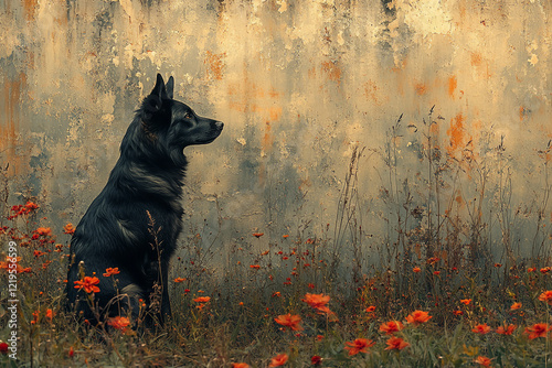 Black Dog Sitting Amidst Orange Flowers Against Weathered Wall