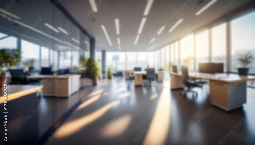 Blurred modern spacious office with beautiful lighting and big panoramic windows Blurred modern spacious office with beautiful lighting and big panoramic windows