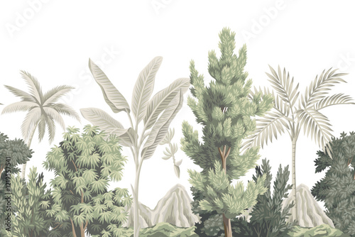 Tropical vintage botanical palm trees, banana tree, plants, mountain landscape seamless border white background. Exotic jungle wallpaper.