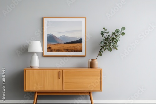 Wallpaper Mural Retro mid-century wood furniture  . Modern decor with a landscape artwork and elegant furnishings. Torontodigital.ca