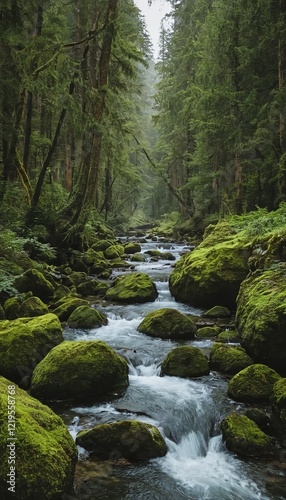 The image depicts a serene stream flowing through a lush forest