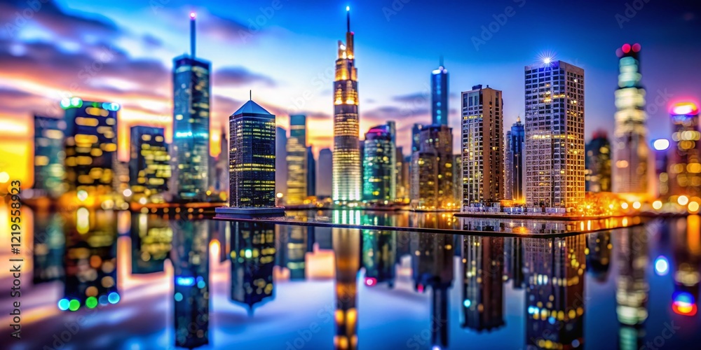 Obraz premium Tilt-Shift Cityscape: Reflective Glass Skyscraper in Modern Urban Setting