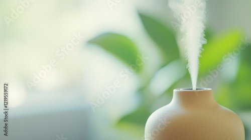 White aroma diffuser on table with blurred interior and palnts on background. Aromatherapy and wellness concept. Image for home and spa products with copy space. photo