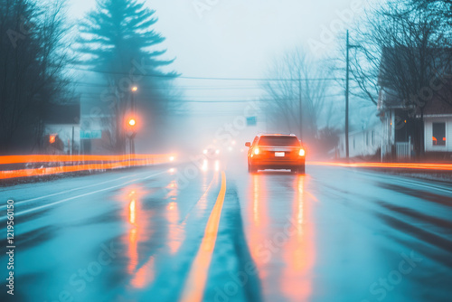 Car driving on rainy road with blurred lights in misty evening scene photo