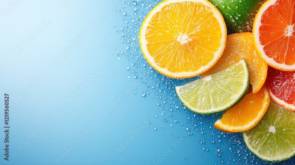 Layers of various citrus fruits resting on a blue surface, enhanced by droplets of water, conveying a refreshing feel reminiscent of a cool summer day. Layers of various citrus fruits resting on a blue surface, enhanced by droplets of water, conveying a refreshing feel reminiscent of a cool summer day.