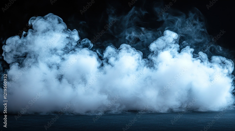 Fototapeta premium Blue smoke swirls on dark studio floor, background black, design element