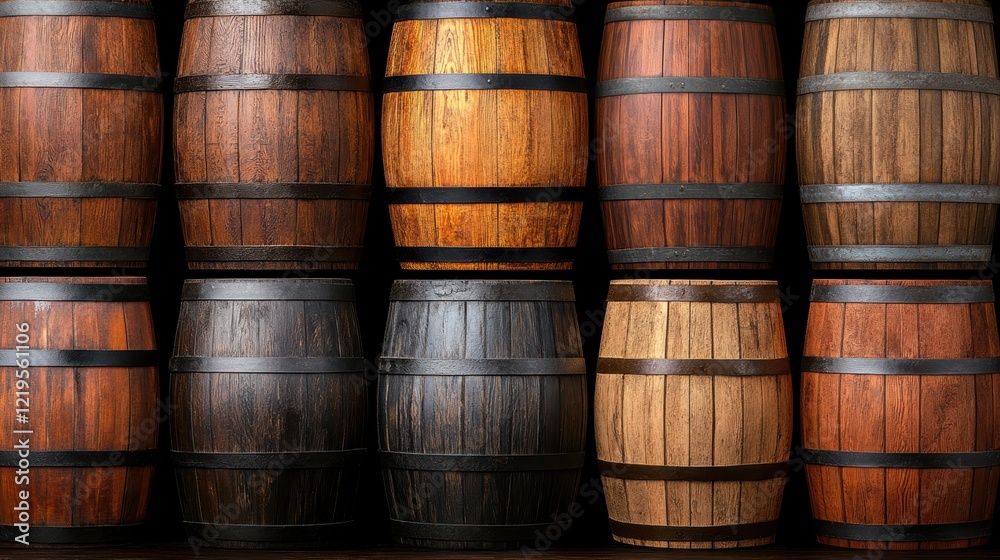 A diverse collection of assorted wooden barrels showcases various finishes and colors, architecturally lined to create a striking visual vineyard or brewery theme. A diverse collection of assorted wooden barrels showcases various finishes and colors, architecturally lined to create a striking visual vineyard or brewery theme.