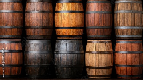 A diverse collection of assorted wooden barrels showcases various finishes and colors, architecturally lined to create a striking visual vineyard or brewery theme.