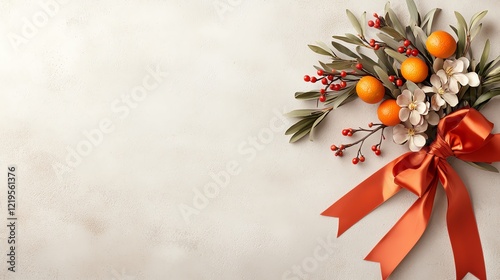 Wallpaper Mural Vibrant New Year wreath made of kumquat branches, plum flowers, and bamboo leaves, tied with a festive red ribbon Torontodigital.ca
