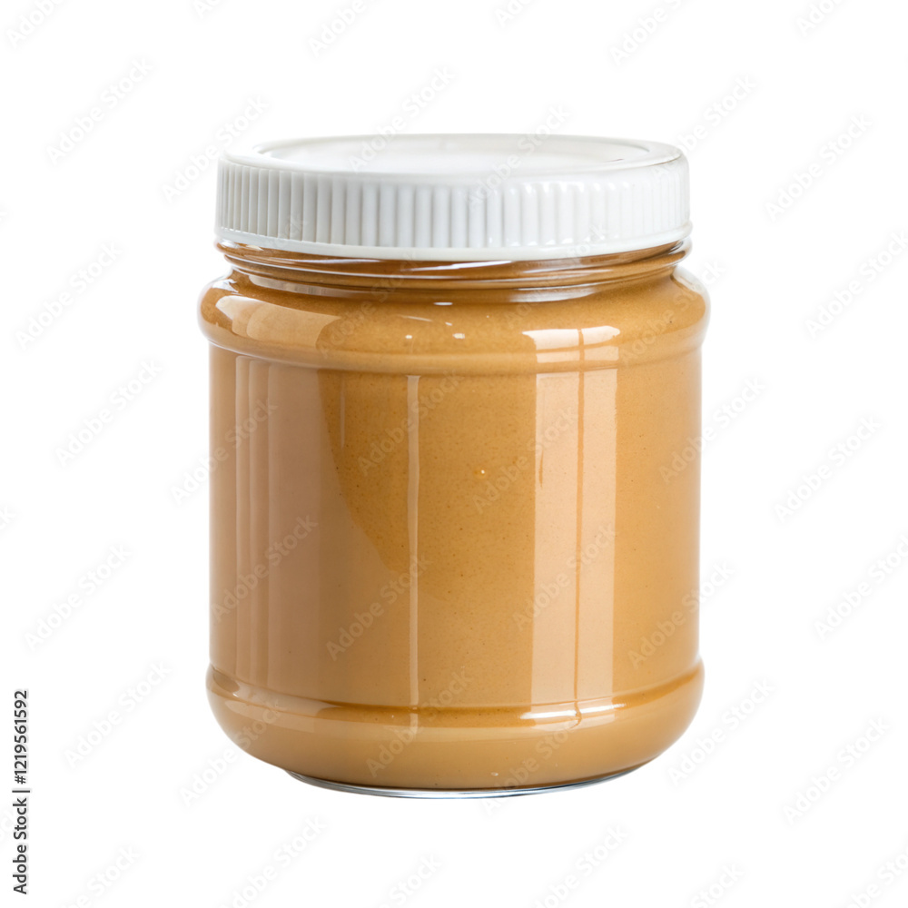 Peanut butter jar food photography studio setting close-up view, isolated on white or transparent background