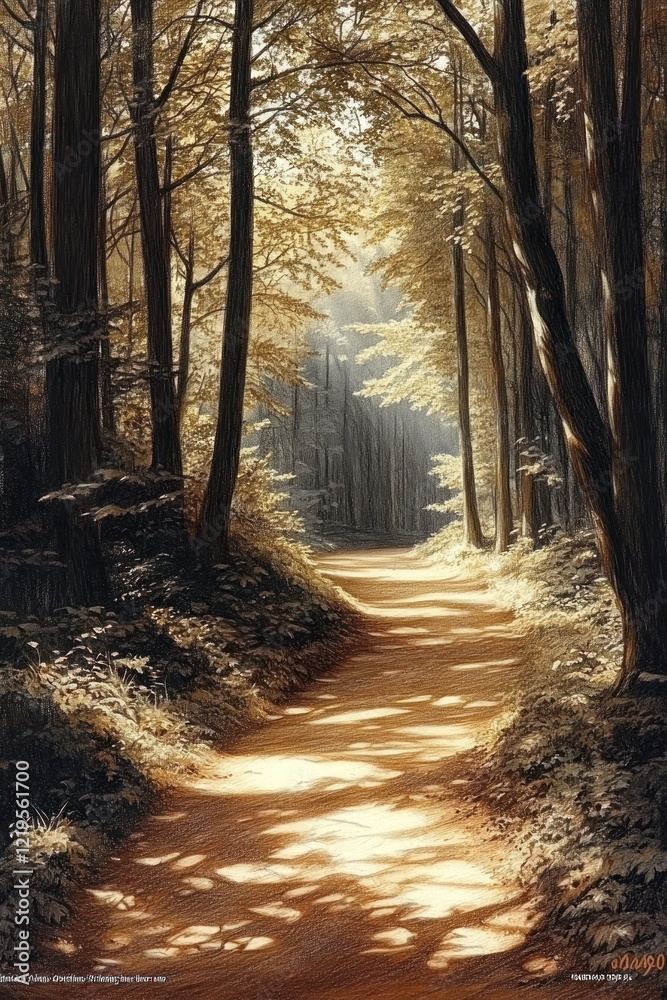 Obraz premium Sunlit path through autumnal forest.