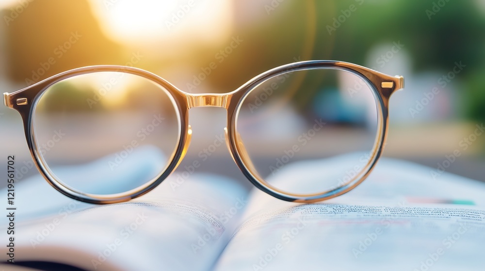 Reading glasses on open book at sunset in outdoor setting Reading glasses on open book at sunset in outdoor setting