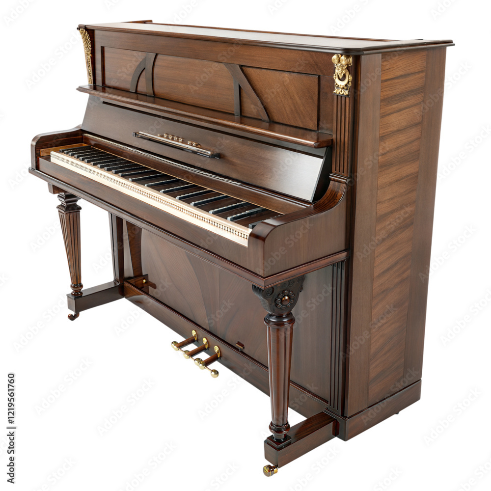 Elegant grand piano in isolated musical instrument photography artistic view, isolated on white or transparent background