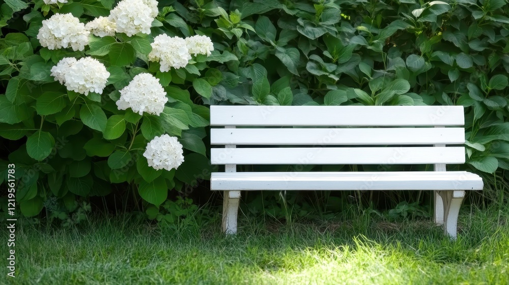 This delightful white bench surrounded by lush green hydrangeas offers a serene space for relaxation, blending harmoniously with the natural beauty of the garden setting. This delightful white bench surrounded by lush green hydrangeas offers a serene space for relaxation, blending harmoniously with the natural beauty of the garden setting.