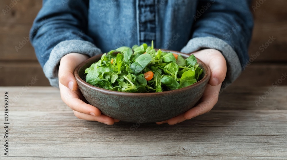 Child's hands holding a bowl of fresh green salad on a wooden table. Child's hands holding a bowl of fresh green salad on a wooden table.