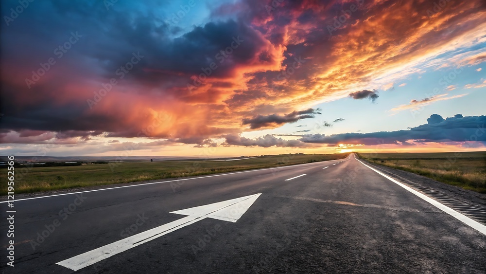 Naklejka premium Open Road with Arrow and Dramatic Sunset Sky for Inspirational and Travel Themes
