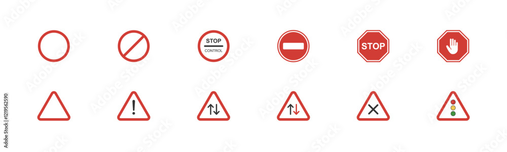 Forbidden warning road sign. Red road sign in circle and triangle. Warning sign vector set Forbidden warning road sign. Red road sign in circle and triangle. Warning sign vector set