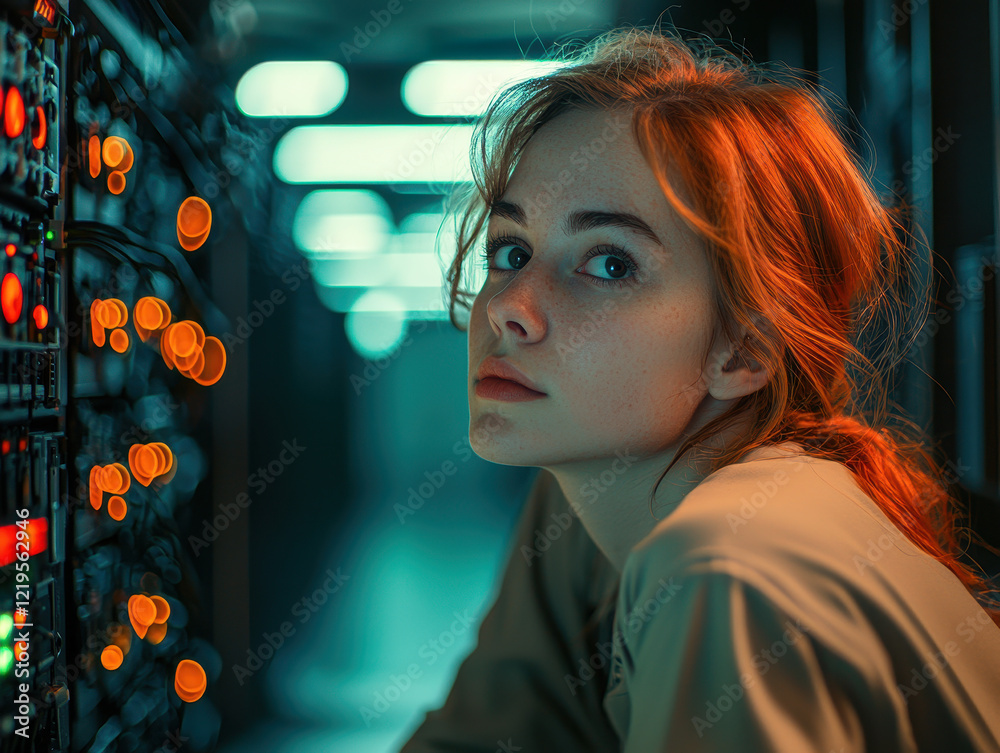 IT specialist troubleshooting server systems in a data center with a focused expression